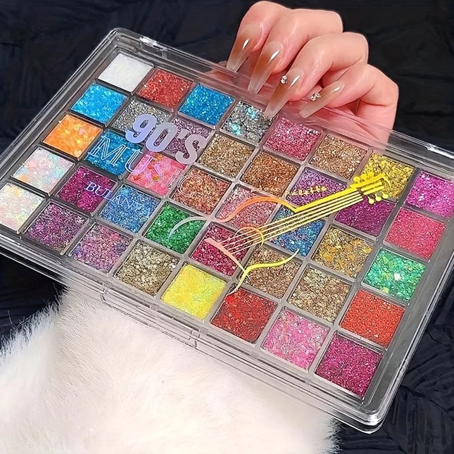 40-Color Shimmer & Eyeshadow Palette with Golden Glitter, Mirror- Powder & Blending Brush-Like Shades for Beginners & Pros