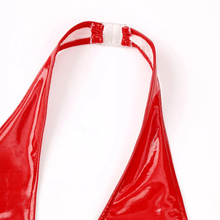 Womens Wet Look Patent Leather Bodysuit Halter Deep V Neck Crotchless Leotard Backless Sleeveless Catsuit Lingerie Nightwear