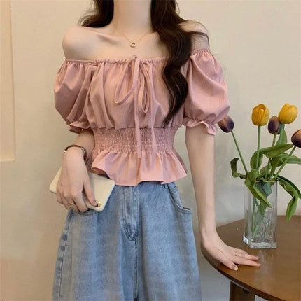 French Style Bubble Sleeve Shirt Women's Short Sweet Sensation Waist Cinched One Shoulder Top Polyester Blend Regular Sleeve