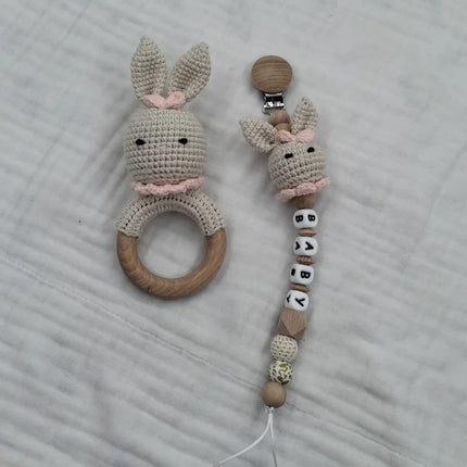 Baby Rattle Crochet Bear Teether Rattle With Bells Pacifier Chain Newborn Montessori Educational Toy Wooden Rings Baby Toys