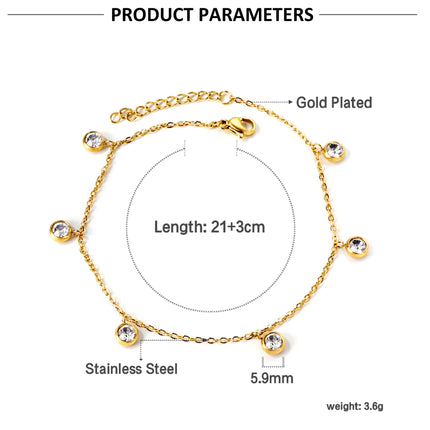 LUXUSTEEL Stainless Steel Anklets for Women Gold Plated Round CZ Crystal Rhinestone Charm Allergy Free Foot Chain Beach Jewelry