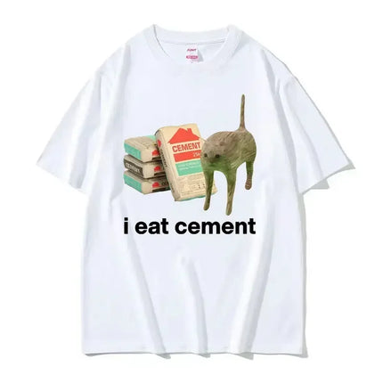 I Eat Cement Cursed Cat Funny Meme T Shirt Women's Fashion Humor Short Sleeve T Shirts Male High Quality Cotton T-shirt Tops