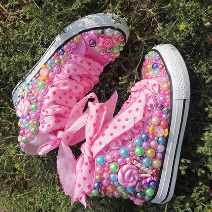Handmade Rhinestones Bling Girls Women Kids And Mother Candy Canvas Shoes Pearls Sneakers For Girl Birthday Party Wedding