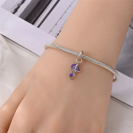 925 Sterling Silver Inlaid Heart-Shaped Beads & Rose Dangle Charm Fits Snake Bracelet Boutique Necklace Purple Pendant Gift