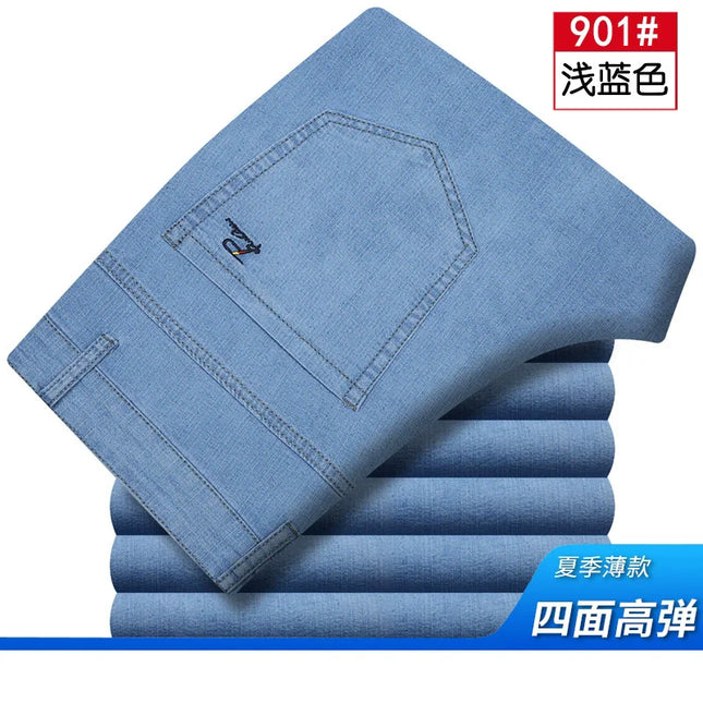 High Waist Flat Thin Summer Mens Jeans Pants Straight Loose Stretch Casual Blue Black Jeans for man Cotton 2026 Size  40 42