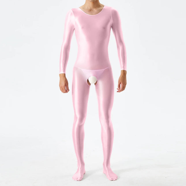 1pc Men's Sexy Glossy Bodystocking Long Sleeve Body Jumpsuit Crotchless Bodysuit Ultra-thin Sheer Oily Shiny Underwear