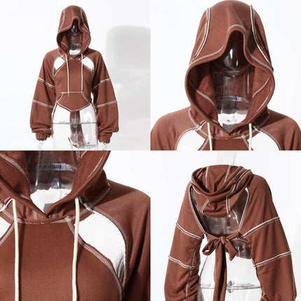 Y2k Gothic Womens HoodieTop HoodedSweatshirt Hollow Out Lace Up Long Sleeve HoddedCasualPullover Autumn