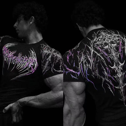 Men's Compression Sports Shirt Tee Gothic Lightning Print GYM Fitness Top Summer Quick Dry Breathable Bodybuilding T-shirt