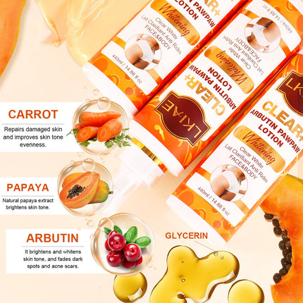 LKIAE Clear Arbutin Pawpaw Whitening Body Lotion, Moisturizing Cream, Improve Rough Skin, Remove Dark Spots, Melanin
