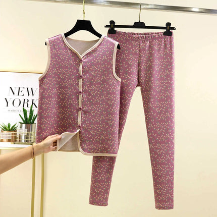 Warm Fleece Lined Velvet Home Clothes Set with Buttoned Knitwear Self Heating Anti Cold Two Piece Set for Women Autumn Winter