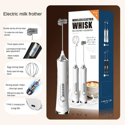 Electric double stick egg beater, milk frother, 3-speed rechargeable milk coffee mixer, handheld kitchen tool, cream frother