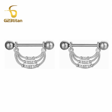 2pcs Silver Color Zircon Nipple Rings Allergy-free 14G 16mm Titanium Straight Barbell Piercing Sexy Beach Jewelry Woman Ornament