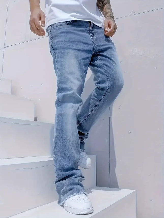 Men's Streetwear Slim Flared Jeans, Y2K Minimalist Washed Denim, Versatile Casual Pants for All Seasons.