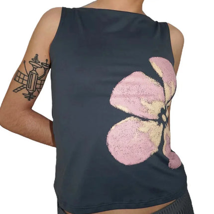 Women's Flower Print Crop Tank Top Fitted Boat Neck Sleeveless Summer Top for Party Club 2025 New Fashion