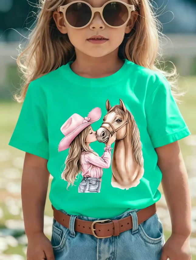 Girl Clothes Cute Girl Kisses Horse Print Summer Short Sleeve Casual Loose Kids Tops Outdoor Girls T-Shirt Children's Clothing