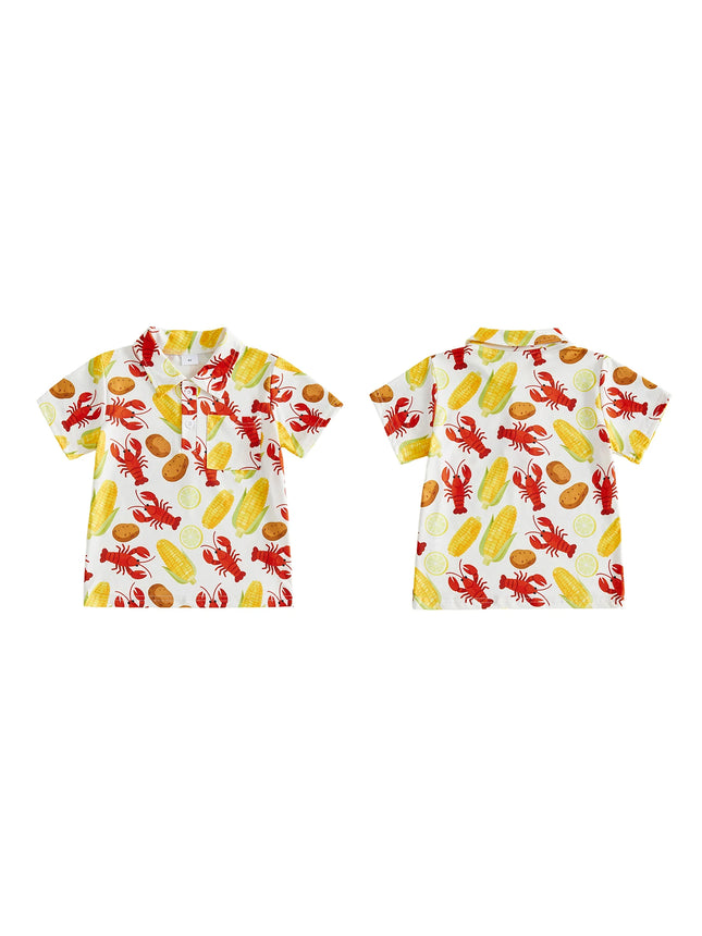 Little Boys Shirts Short Sleeve Lapel Collar Crayfish Corn Print Casual Summer Tops