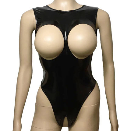 Lady Sexy Lingerie Teddies Shiny Gloss PU Leather Open Breast Open Crotch Bodysuit Catsuit Leotard Erotic Underwear For Women