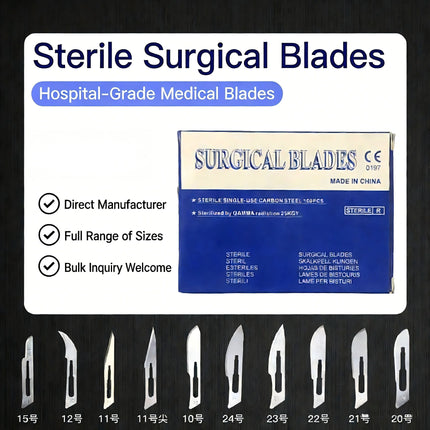Sterile Surgical Scalpel Blades Individually Packaged, Carbon Steel 11 Extra Point & 23 Stainless Steel, Full Range of Sizes