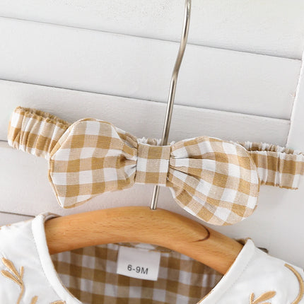 Baby girl baby fashionable fake collar embroidered round neck long sleeved plaid triangle jumpsuit (including headband)