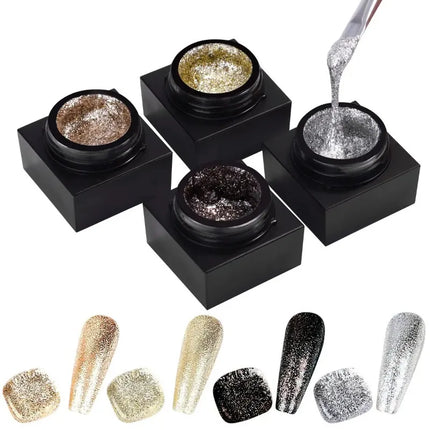 Reflective Glitter Gel Polish Mirror Chrome Effect Gold Silver Black UV Cured Long Lasting Shiny Salon Home DIY Nail Art