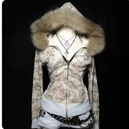 Gothic Style Zipper Hoodie Women's Long Sleeve Cardigan Printed Letter Fur Collar Design Street Trend Polyester Fabric Coat