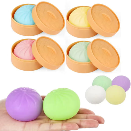 Color Glitter Dumpling Squishes Stress Balls Fidget Sensory Toys Simulation Food Squishies Bun with Steamer Squeeze Dough Gifts