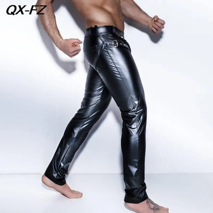 Erotic Men Faux PU Leather Pants Male Wetlook Latex Trousers Open Front Exotic Clubwear Gay Fetish PVC Pants Clubwear Costume