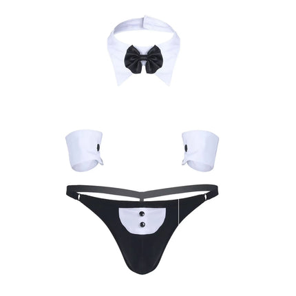 3Pcs Mens Waiter Tuxedo Lingerie Sexy Cosplay Costume Open Back G-string Jockstraps Underwear with Bow Tie Collar and Bracelets