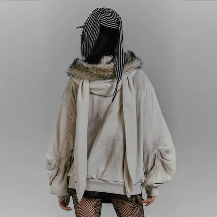 American retro fur collar rabbit ear hooded sweater jacket gray Y2K printed fleece thickened women's top autumn and winter