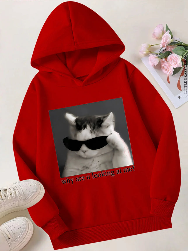 Autumn/Winter Cat Women's Hooded Sweatshirt, Warm & Stylish with Print Design, Fashion Casual HipHop Sweatshirt, Harajuku Unisex
