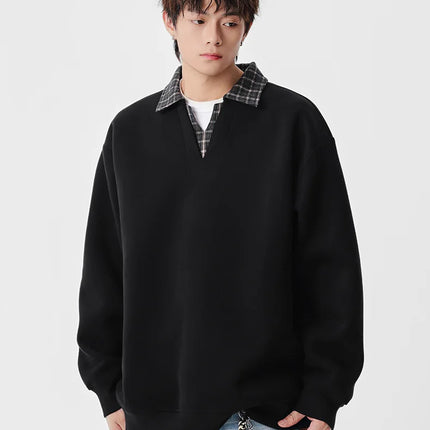Retro Plaid Polo Neck Sweatshirt for Men and Women Heavyweight Cotton Soft Fake Two-Piece V-Neck Long Sleeve