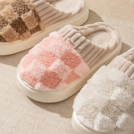 Fashion Couple Winter Toe Wrap Warm Plaid Plush Slippers Men Women Thick Soft Sole Slides Indoor Floor Flat Home Non-slip Shoes
