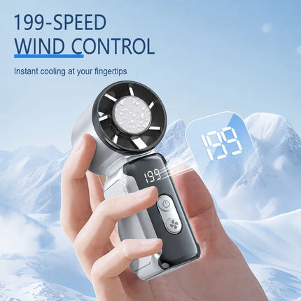 Portable Mini Handheld Cold Compress Fan 199 Speed Adjustable Digital Display Turbo Bladeless Fan USB Rechargeable Cooling Fan
