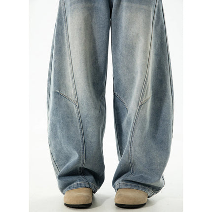 Autumn Retro Structured Split Washed Distressed Curved Jeans with Men's Silhouette Loose Straight Leg Pants Trendy Street Style