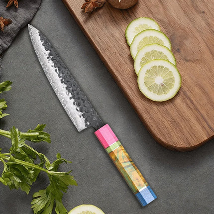 5 inch Japanese Petty Knife Hand Forged Damascus Steel Chef Kitchen Utility Knife Cooking Tool Paring Knife Colored Wood Handle