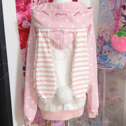 Japanese Kawaii Lolita Zipper Hoodies Women Sweet Pink Stripe Rabbit Ears Hooded Coats Grunge Hoody Y2k Strawberry Sweatshirts