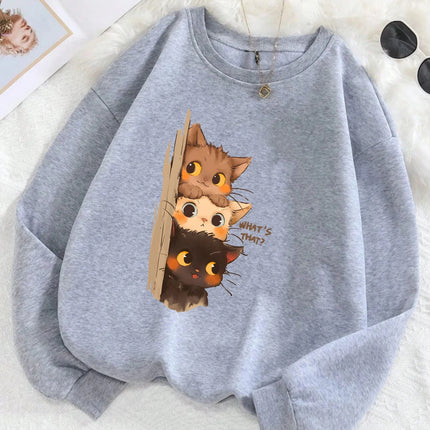 Three Little Cats Are Secretly Watching You Print Hoodie Women Street Loose Sweatshirt Basics Sporty Pullover Winter Clothes