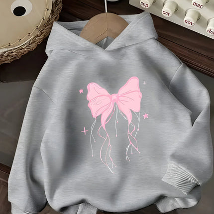 Girls Hooded Sweatshirt  American Bow Pattern Loose Pullover Fun Print Design for Girls Casual Long Sleeve Pullover with Pockets