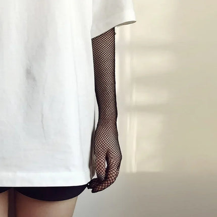 Women Sexy Black Fishnet Mesh Long Gloves Nylon High Elastic Full Finger Lace Hand Gloves Party Stage Exotic Costume Oversleeves