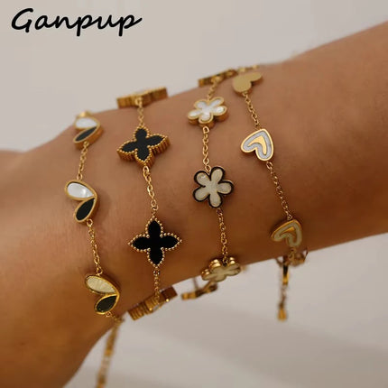 GANPUP 316L Stainless Steel Metal Gold Color Flower Heart Bracelet Bangle Texture Jewelry Trendy Wrist Chain for Women Men New