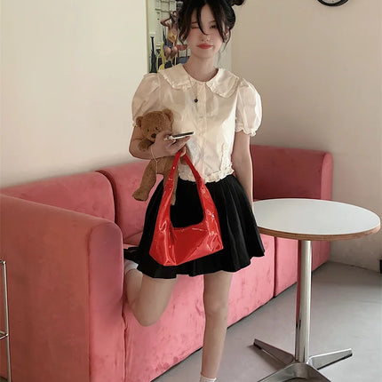 White Doll Collar Bubble Sleeve Shirt Women's Summer 2025 New Design Sweet Short Style Top Polyester Fabric Pure Color Fresh...