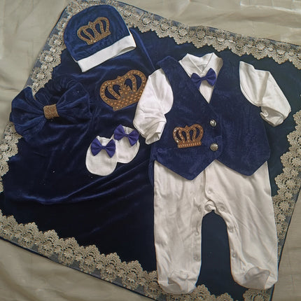 Royal Blue Velvet Baby Romper Outfits Set Welcome Home Nursery Infant Nest Luxury Crown Receiving Blanket Outfit Set