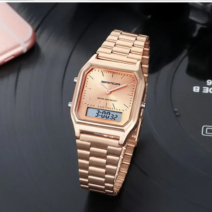 SANDA P747  Dual Display Clock Unisex Waterproof Sports Quartz Watch Luxury Mens Style Watches Stainless Steel Women LED Digital