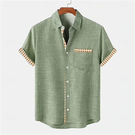 2026 Summer Men's Short-Sleeve Shirt, Coconut Tree Print, Color-Blocked Placket, Casual Vacation Beach Shirt, Hawaiian Shirt