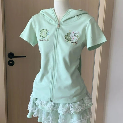 Japanese Cute Rabbit Ears Slim Hoodies Female Green Sweet Short-sleeved Outfits Women Summer Subculture Y2k Otaku Tops 2025 New