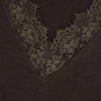 Sexy Lace Trim Long Sleeve T-shirt Solid V Neck Slim Fit Crop Top Fashion Splice Hottie Club Party Top Autumn New Lady Pullover
