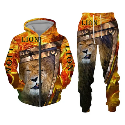 Men's Zip Hoodie Tracksuit Full Hoodies Set Lion Graphic Zipper 2 Piece Hooded Sports Outdoor Casual Sports 3D Print Streetwear