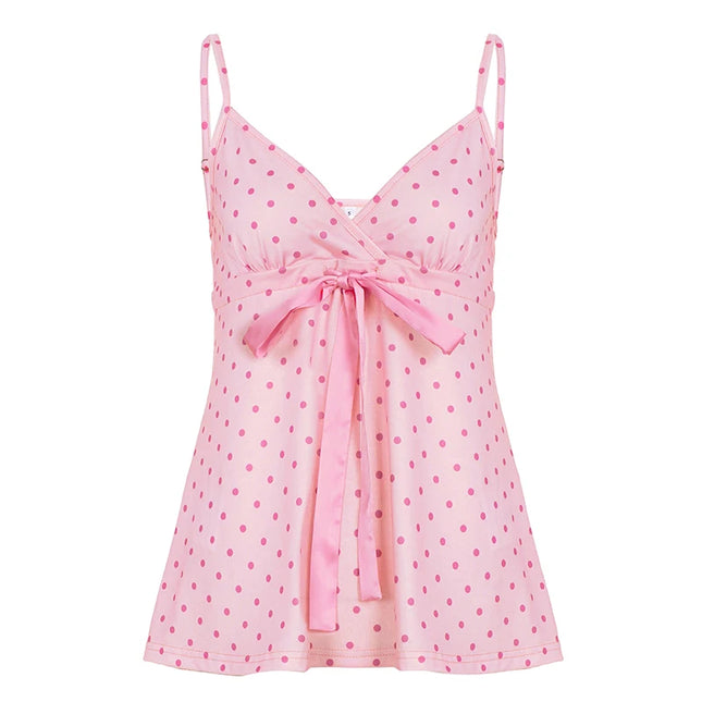 SUCHCUTE Chic Sweet Cute Polka Dot Print Bow Lace-up Camisole Women V Neck Sleeveless Crop Top Y2k Streetwear Slim Tanks Summer