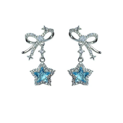 Kpop Y2K Blue Crystal Star Pendant Earrings for Women Exquisite Elegant Zircon Bowknot Pentagram Earrings Jewelry Birthday Gifts
