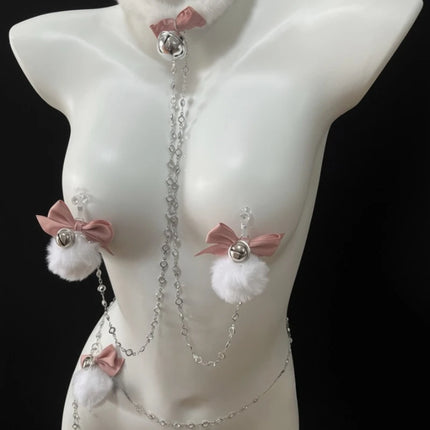 Fuzzy Bow Nipple Clips Bell Collar and Body Chain Pink Breast Restraints BDSM Training Sexy Accessories for Women Adult Sex Toys